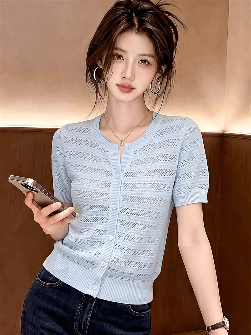 디자인 센스 파란색 니트 오픈 가디건 반팔 티셔츠 여성 여름 새로운 패션 다용도 외국 가스 연령 감소 맨위 상세 이미지 8