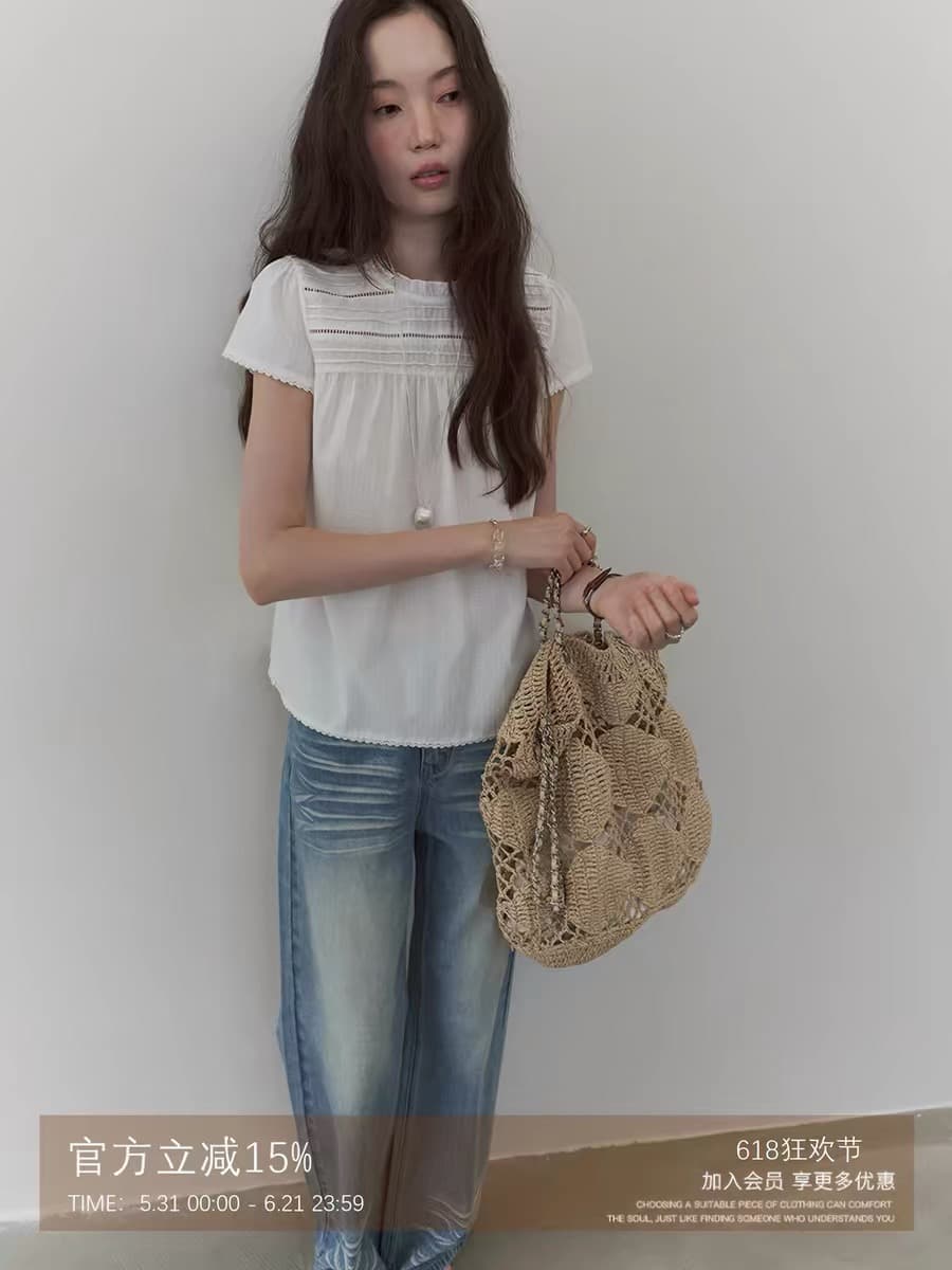 패치워크 레이스 라운드 넥 순면 여성 셔츠 여름 새로운 연령 감소 홀로우 아웃 플리츠 맨위 이미지 4