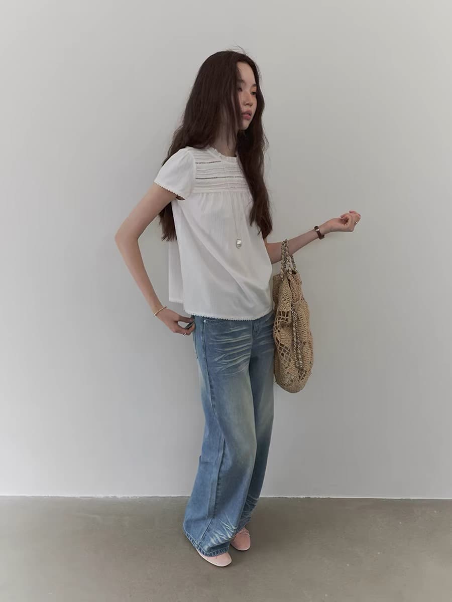 패치워크 레이스 라운드 넥 순면 여성 셔츠 여름 새로운 연령 감소 홀로우 아웃 플리츠 맨위 상세 이미지 3