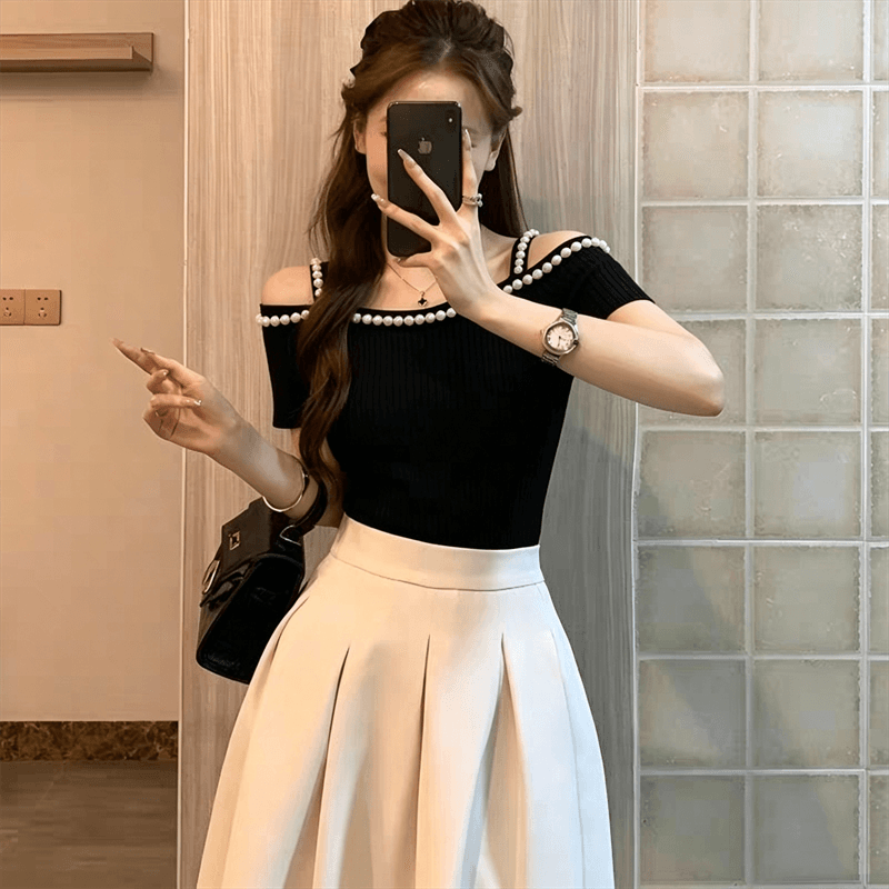 빛 요리 한 바람 오프숄더 진주 장식 반팔 니트 스웨터 여성 여름 작은 키 몸매 가꾸기 슬림해 보이는 오프숄더 맨위 t