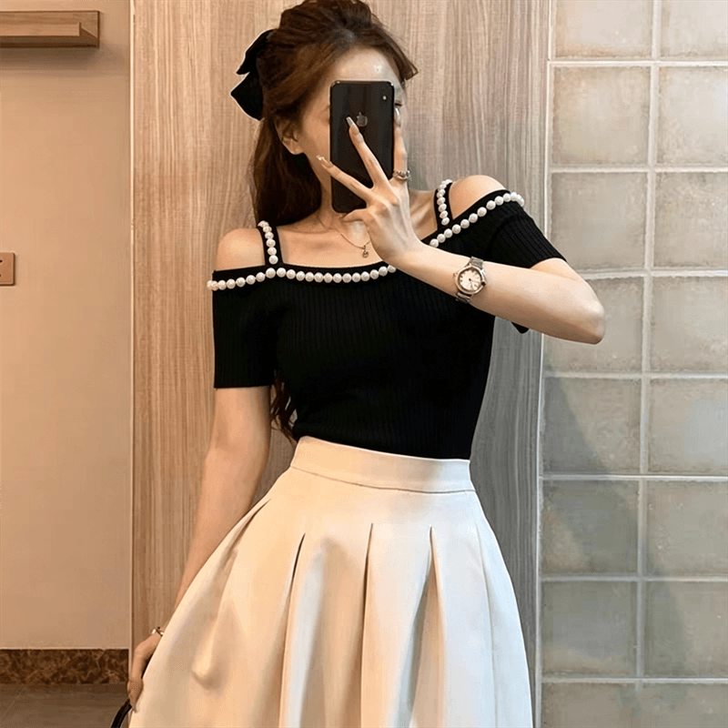 빛 요리 한 바람 오프숄더 진주 장식 반팔 니트 스웨터 여성 여름 작은 키 몸매 가꾸기 슬림해 보이는 오프숄더 맨위 t 이미지 4