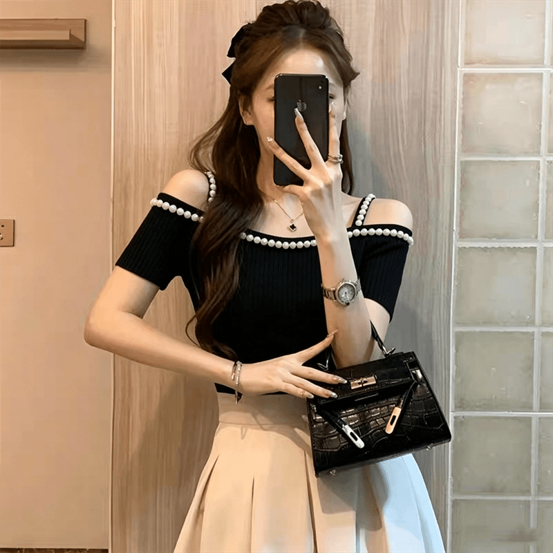 빛 요리 한 바람 오프숄더 진주 장식 반팔 니트 스웨터 여성 여름 작은 키 몸매 가꾸기 슬림해 보이는 오프숄더 맨위 t 상세 이미지 7