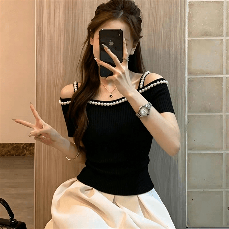 빛 요리 한 바람 오프숄더 진주 장식 반팔 니트 스웨터 여성 여름 작은 키 몸매 가꾸기 슬림해 보이는 오프숄더 맨위 t 상세 이미지 9