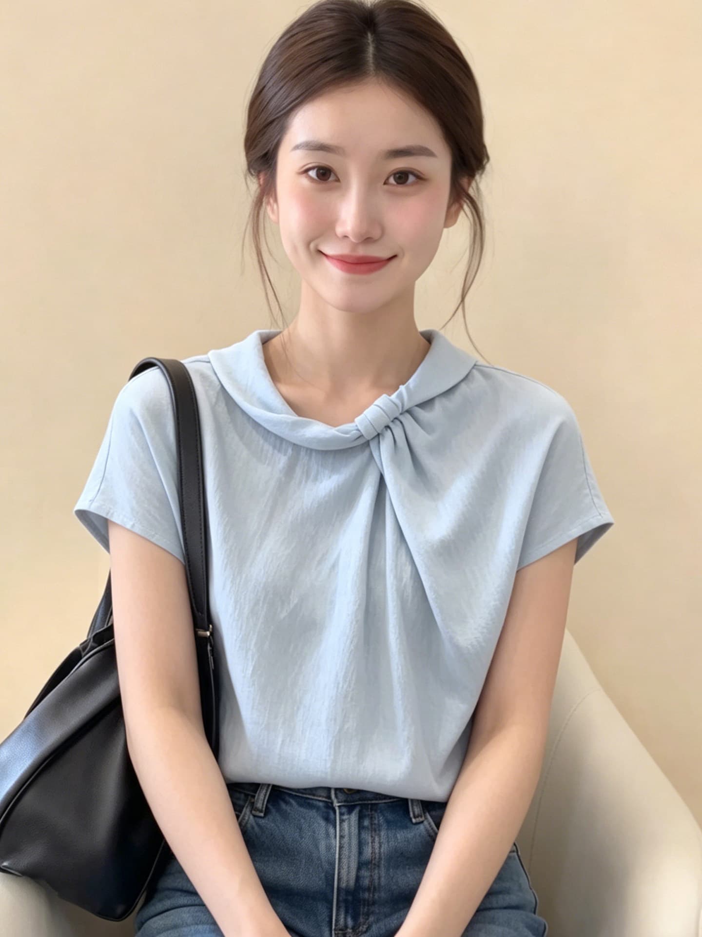 프랑스식 파란색 스탠드 칼라 주름 반팔 셔츠 여성 2026 여름 새로운 자이언트 잘 생긴 디자인 센스 출퇴근 맨위 이미지 2