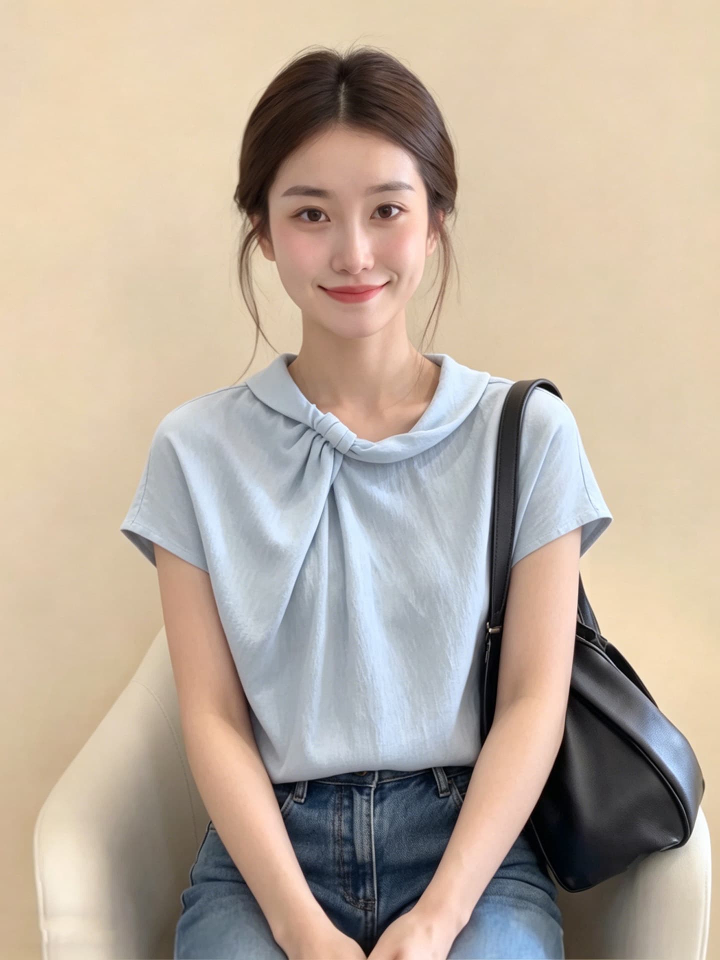 프랑스식 파란색 스탠드 칼라 주름 반팔 셔츠 여성 2026 여름 새로운 자이언트 잘 생긴 디자인 센스 출퇴근 맨위 상세 이미지 3