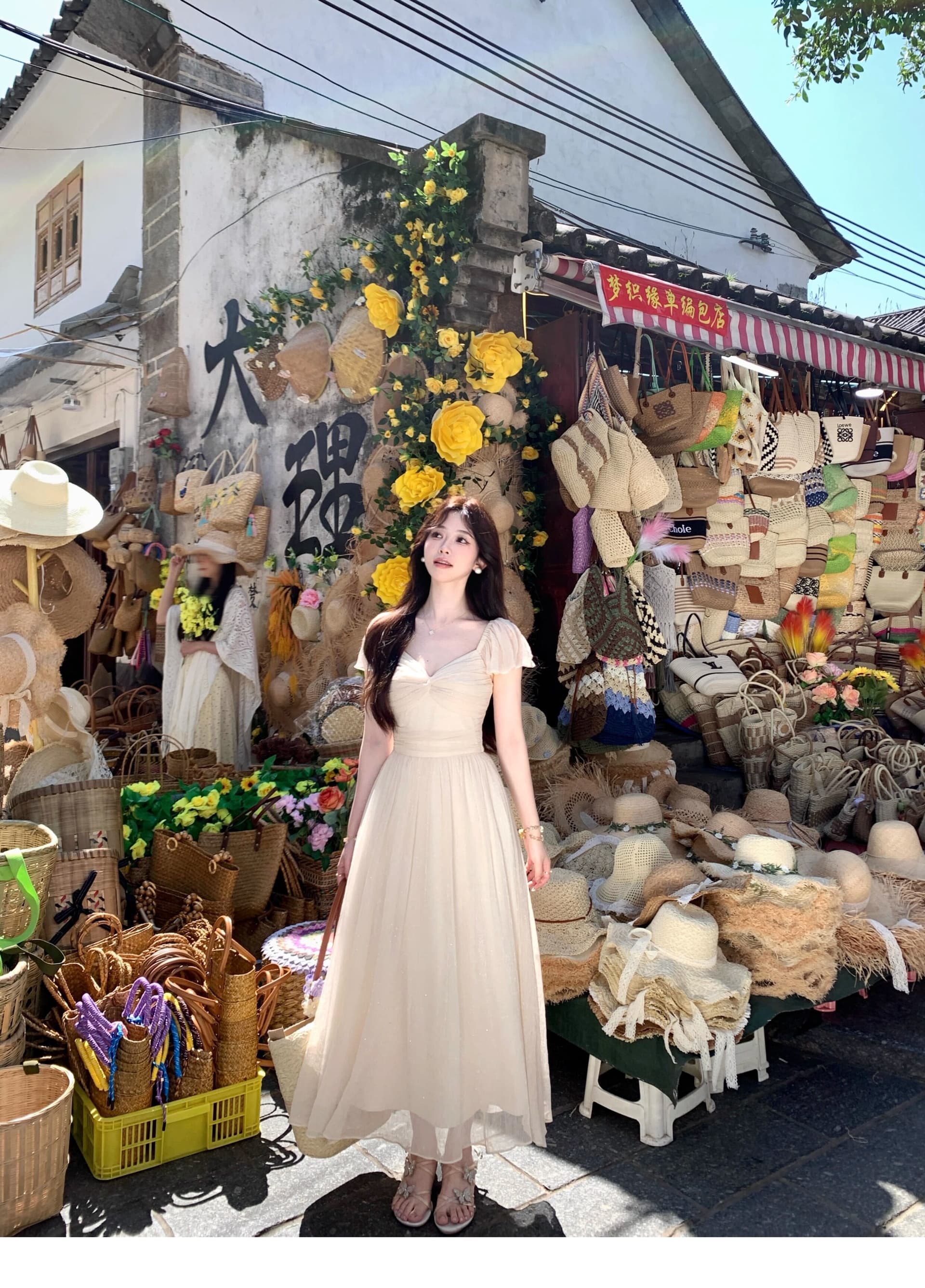 화이트 인사이드 달콤한 살구 Breeze 새로운 프랑스식 부드러운 바람 반팔 드레스 휴가 바람 허리 수축 슬림해 보이는 롱 스커트 여름 여성 상세 이미지 4
