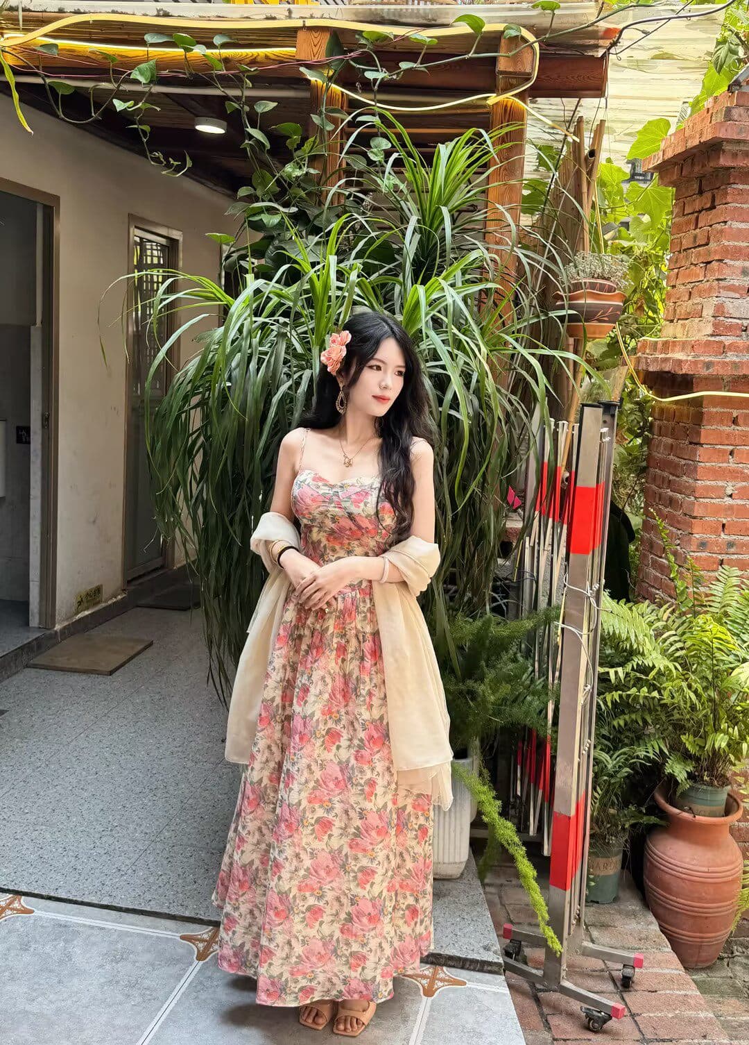 lhmknk1 그림 레이디 차 휴식 레트로 프랑스식 우아함 꽃무늬 퍼프 스커트 슬립 드레스