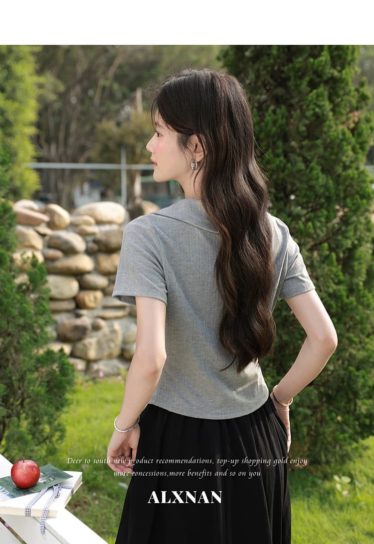 청 회색 부드러운 그림자 품격 회색 티셔츠 여성 26 여름 새로운 디자인 센스 연령 감소 몸매 가꾸기 반팔 맨위 이미지 2