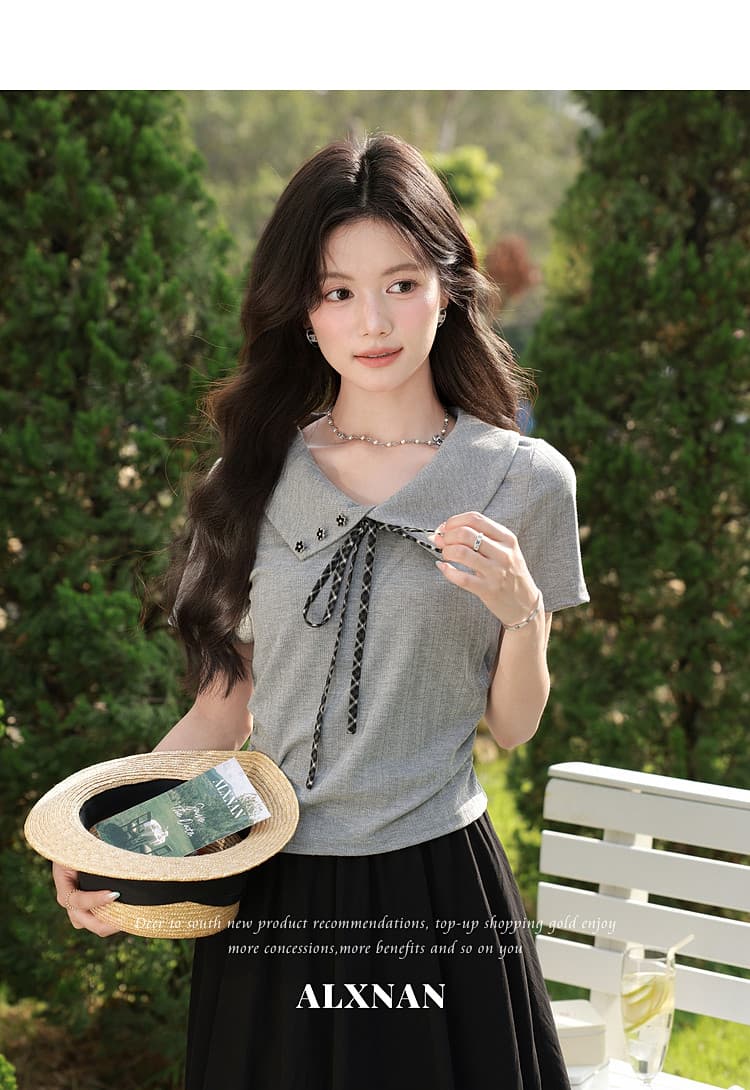 청 회색 부드러운 그림자 품격 회색 티셔츠 여성 26 여름 새로운 디자인 센스 연령 감소 몸매 가꾸기 반팔 맨위 상세 이미지 4