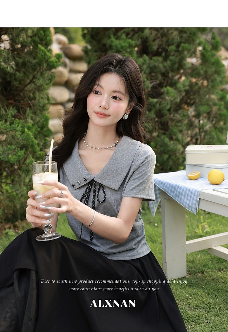 청 회색 부드러운 그림자 품격 회색 티셔츠 여성 26 여름 새로운 디자인 센스 연령 감소 몸매 가꾸기 반팔 맨위 상세 이미지 7