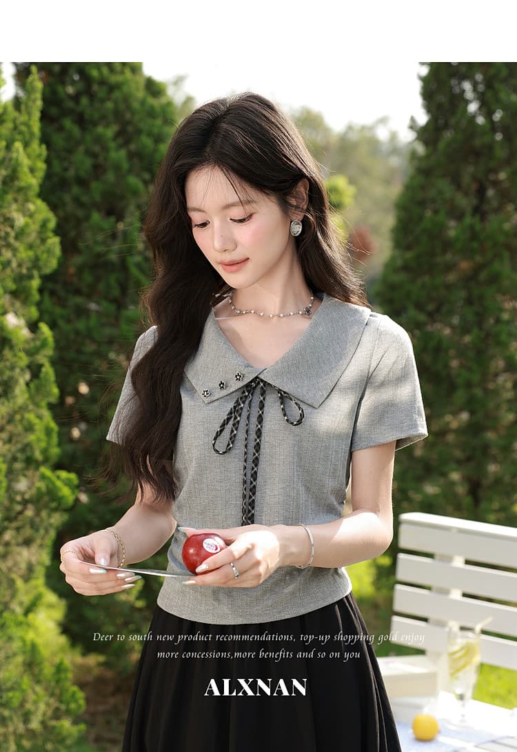 청 회색 부드러운 그림자 품격 회색 티셔츠 여성 26 여름 새로운 디자인 센스 연령 감소 몸매 가꾸기 반팔 맨위 상세 이미지 10