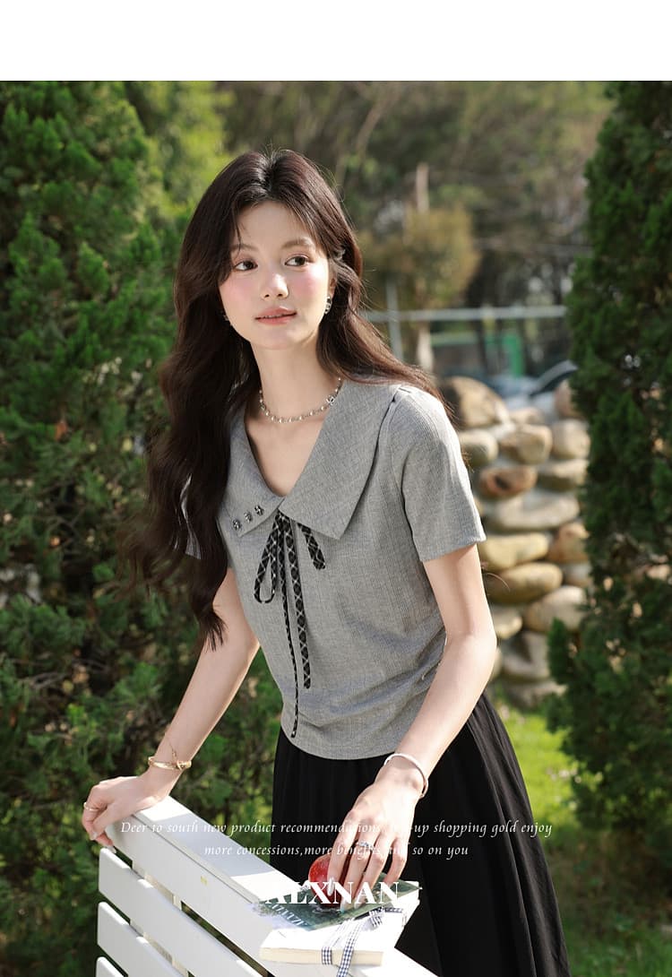 청 회색 부드러운 그림자 품격 회색 티셔츠 여성 26 여름 새로운 디자인 센스 연령 감소 몸매 가꾸기 반팔 맨위 상세 이미지 12