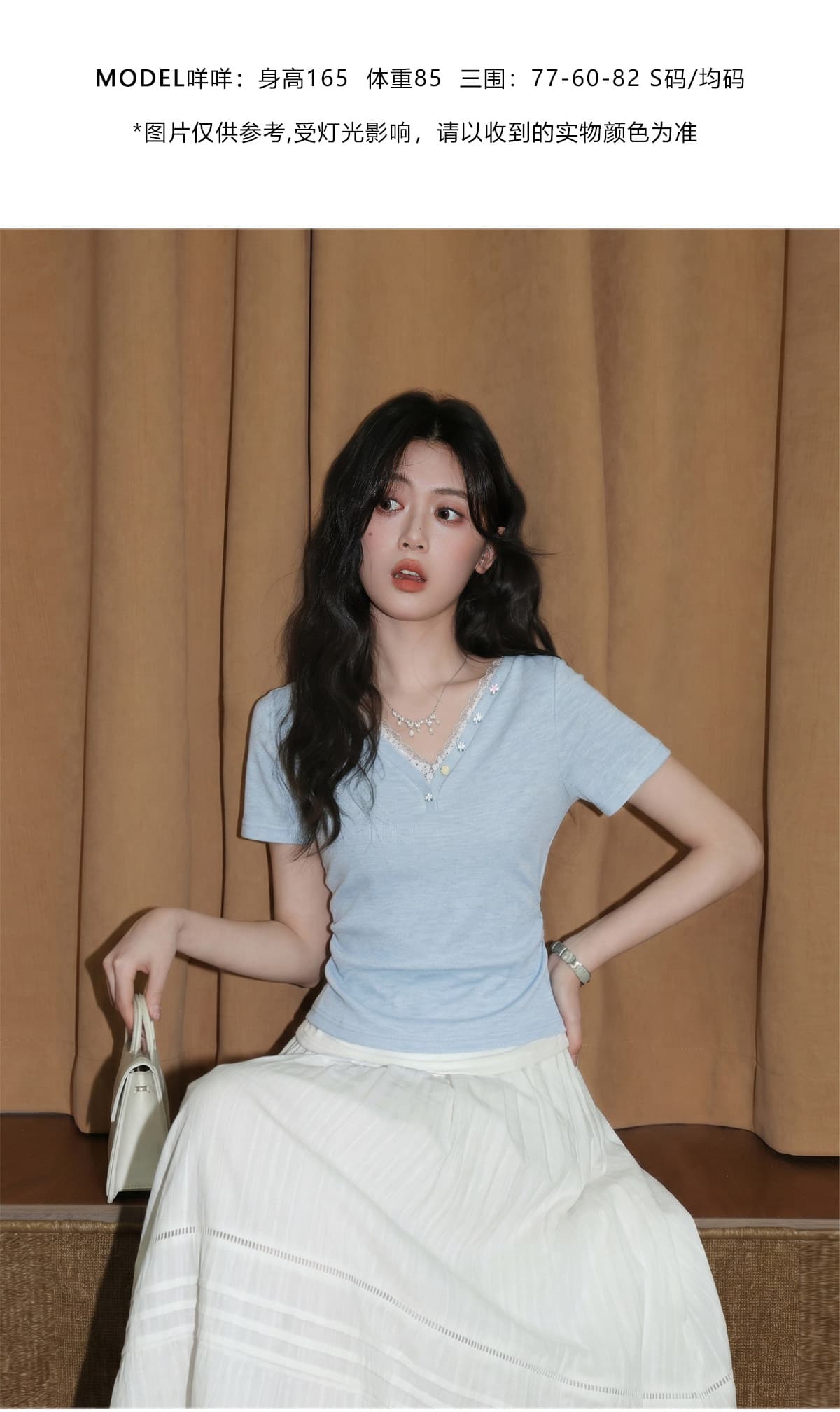페이크 레이어드 V넥 반팔 티셔츠 여성 2026 여름 레이스 측면 자이언트 잘 생긴 긍정적 인 어깨 허리 수축 짧은 맨위 이미지 3