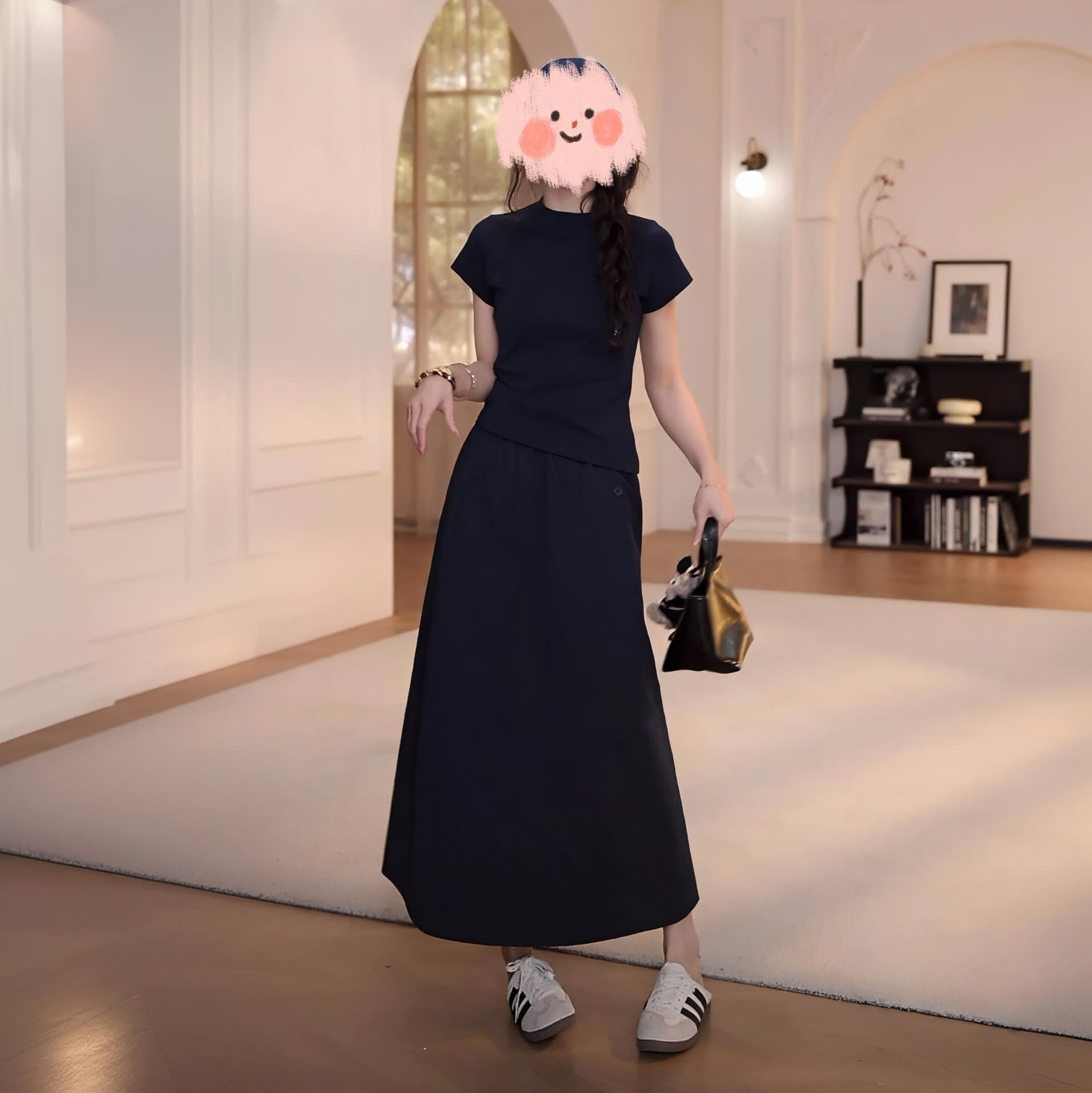 여름 다용도 단색 인터넷 에디션 반팔 티셔츠 품격 허리밴드 머리 단추 워크웨어 주머니 반신 스커트 이미지 3