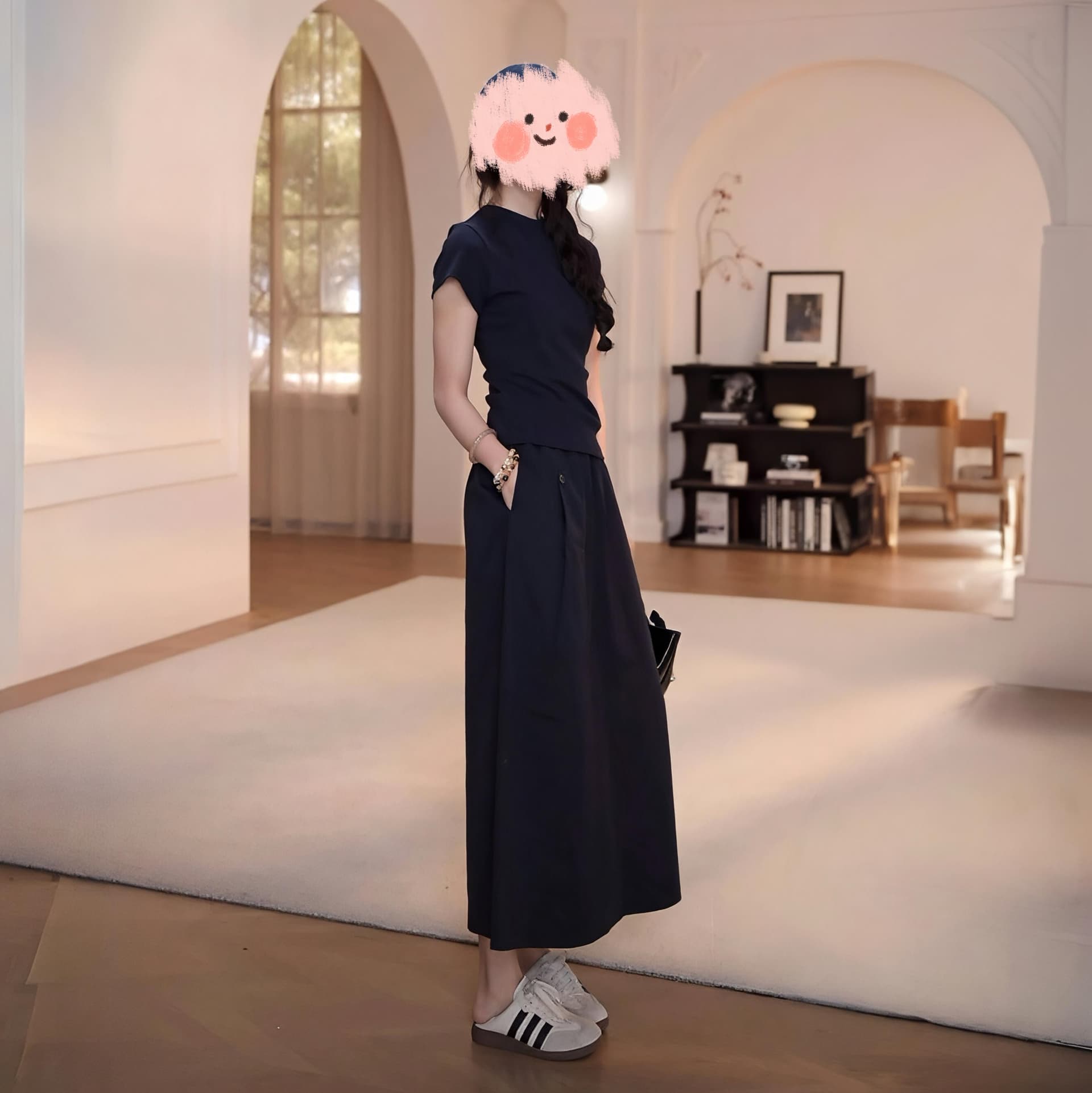 여름 다용도 단색 인터넷 에디션 반팔 티셔츠 품격 허리밴드 머리 단추 워크웨어 주머니 반신 스커트 이미지 2