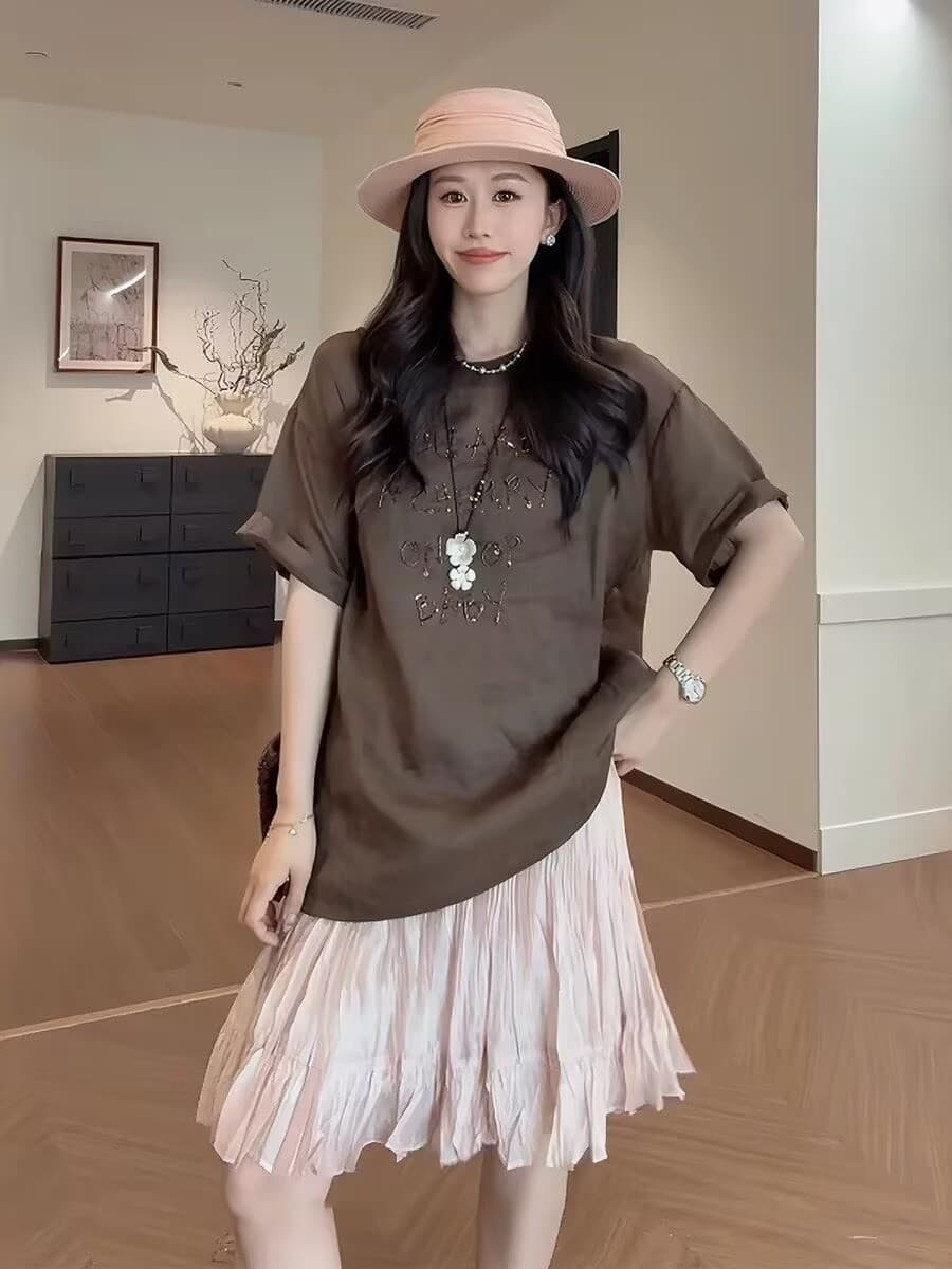 한 부서 느긋한 바람 캐주얼 세트 여성 여름 루즈핏 프린트 반팔 티셔츠 쇼트 스타일 핑크색 반신 스커트 투피스 세트 이미지 4