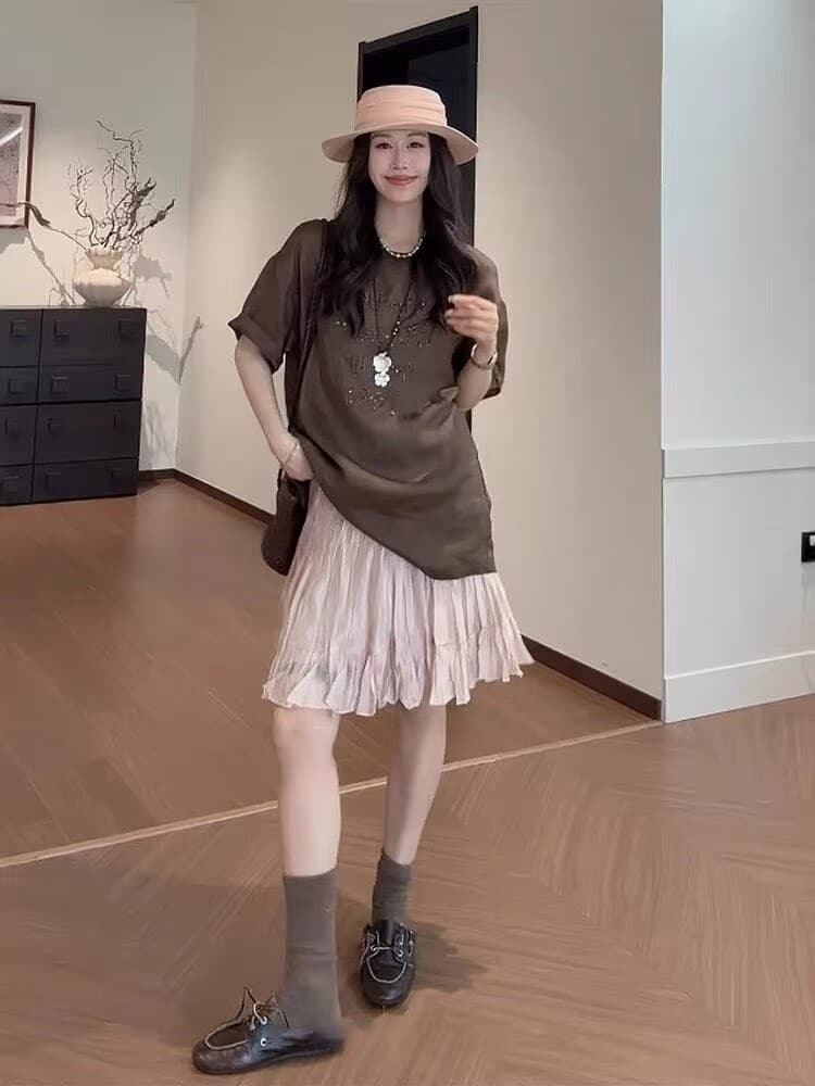 한 부서 느긋한 바람 캐주얼 세트 여성 여름 루즈핏 프린트 반팔 티셔츠 쇼트 스타일 핑크색 반신 스커트 투피스 세트 상세 이미지 3