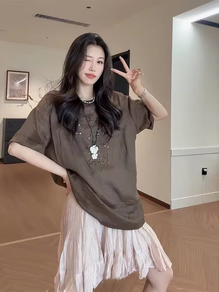 한 부서 느긋한 바람 캐주얼 세트 여성 여름 루즈핏 프린트 반팔 티셔츠 쇼트 스타일 핑크색 반신 스커트 투피스 세트 상세 이미지 4