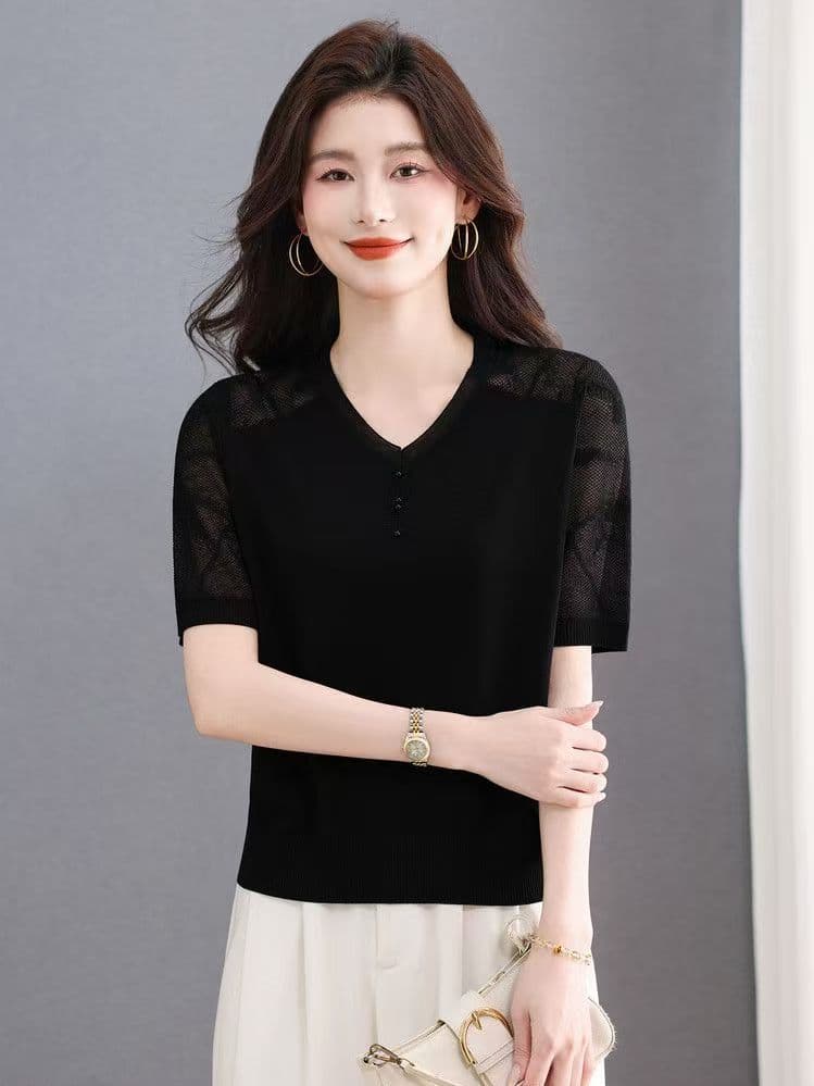 2026 여름 새로운 얼음 실크 반팔 엄마 티셔츠 여성 작은 키 레이스 외국 가스 슬림해 보이는 니트 차가운 센스 맨위 이미지 2