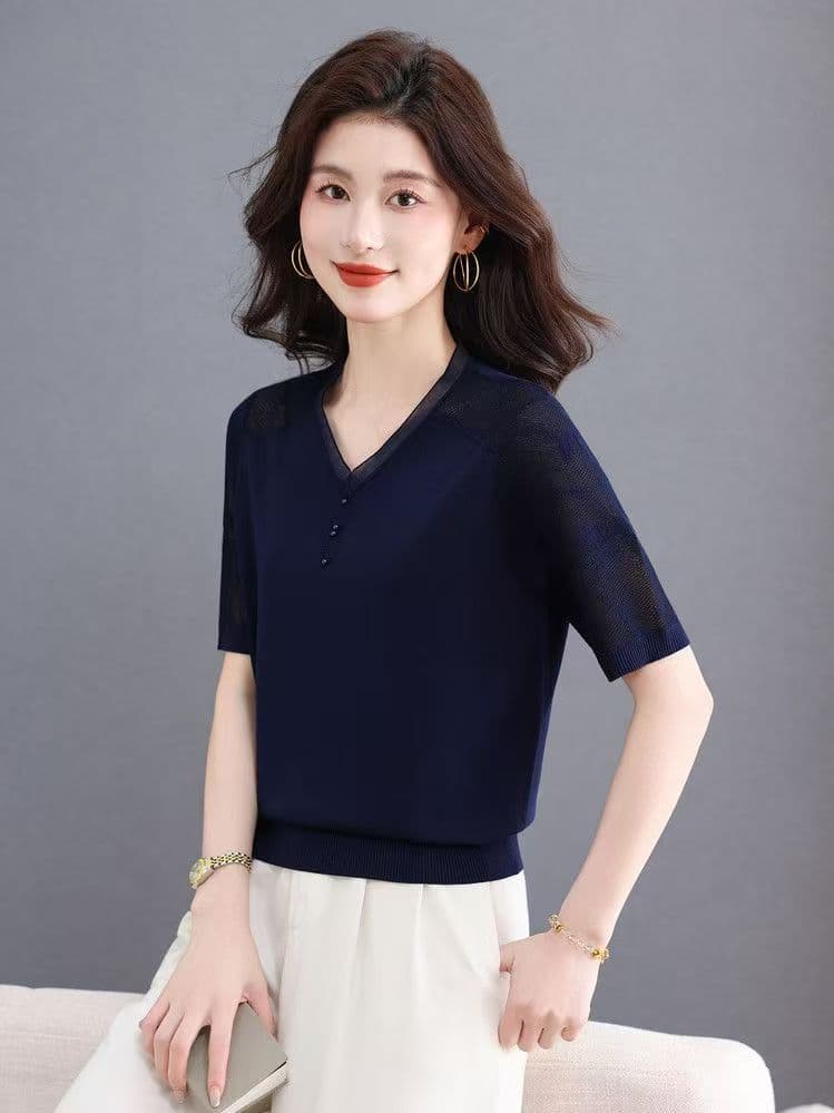 2026 여름 새로운 얼음 실크 반팔 엄마 티셔츠 여성 작은 키 레이스 외국 가스 슬림해 보이는 니트 차가운 센스 맨위