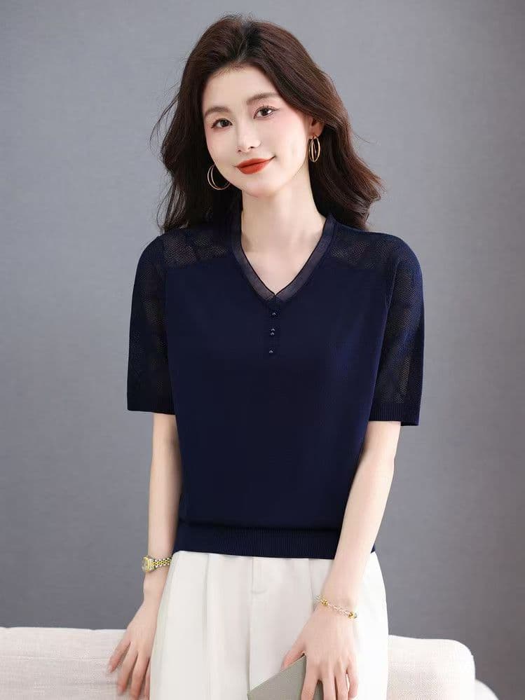 2026 여름 새로운 얼음 실크 반팔 엄마 티셔츠 여성 작은 키 레이스 외국 가스 슬림해 보이는 니트 차가운 센스 맨위 이미지 3