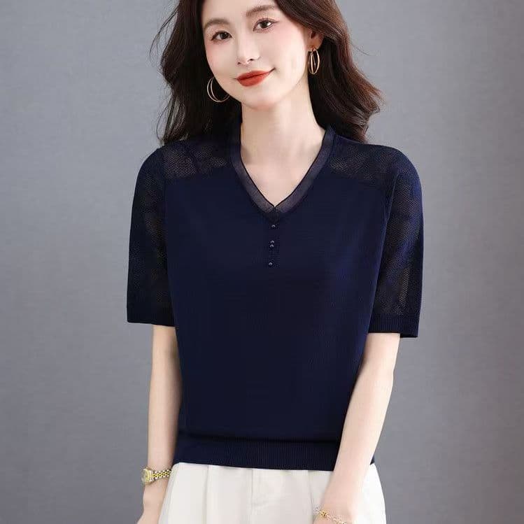 2026 여름 새로운 얼음 실크 반팔 엄마 티셔츠 여성 작은 키 레이스 외국 가스 슬림해 보이는 니트 차가운 센스 맨위 상세 이미지 3