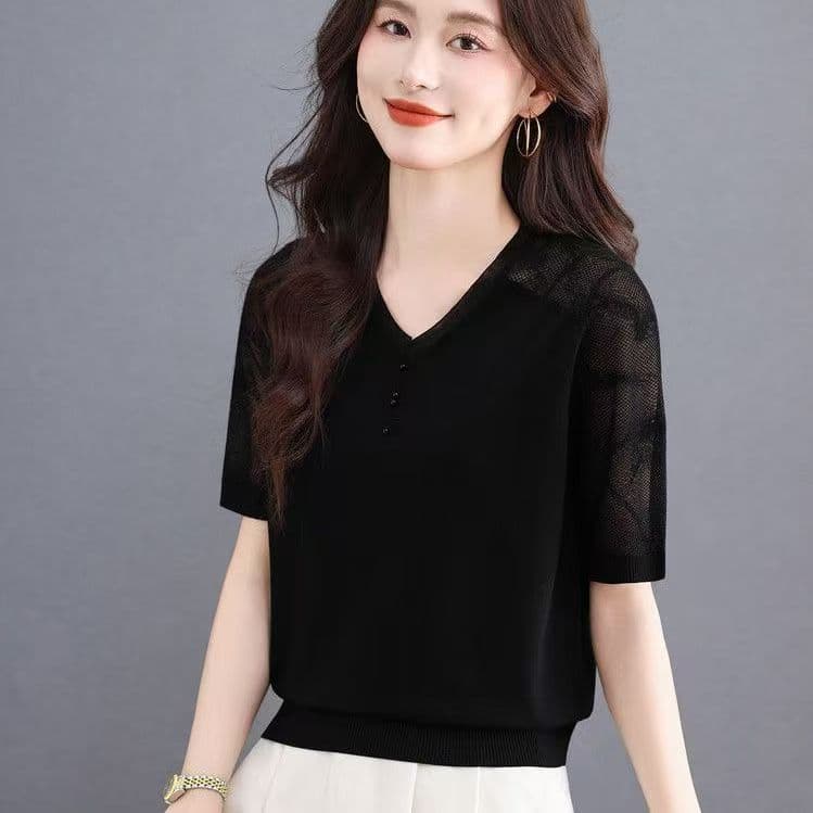 2026 여름 새로운 얼음 실크 반팔 엄마 티셔츠 여성 작은 키 레이스 외국 가스 슬림해 보이는 니트 차가운 센스 맨위 상세 이미지 5