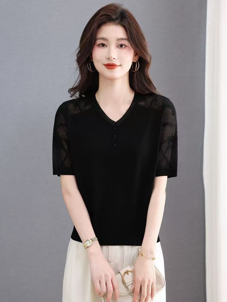 2026 여름 새로운 얼음 실크 반팔 엄마 티셔츠 여성 작은 키 레이스 외국 가스 슬림해 보이는 니트 차가운 센스 맨위 상세 이미지 9