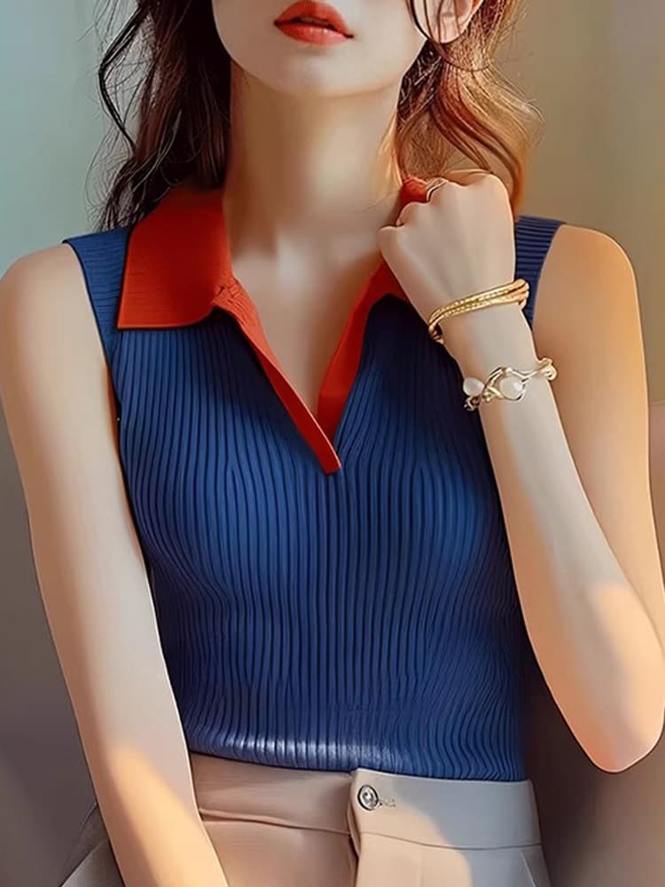 빨간색 블루 배색 POLO 셔츠 민소매 조끼 여성 여름 2025 새로운 세련된 외출용 몸매 가꾸기 슬림해 보이는 수 있습니다. 싱글 착용 맨위 상세 이미지 5