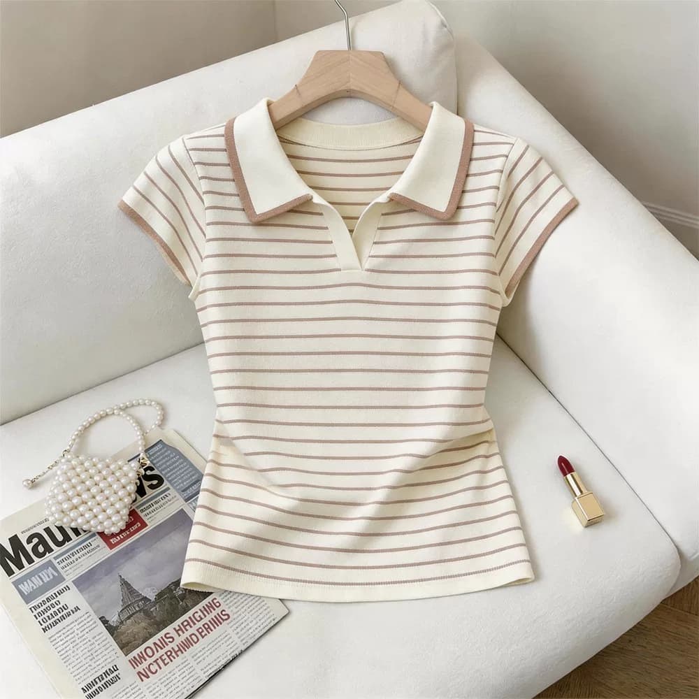 한 부서 스트라이프 POLO 칼라 반팔 티셔츠 여성 여름 2026 새로운 외국 가스 세련된 슬림해 보이는 캐주얼 다용도 맨위 상세 이미지 2