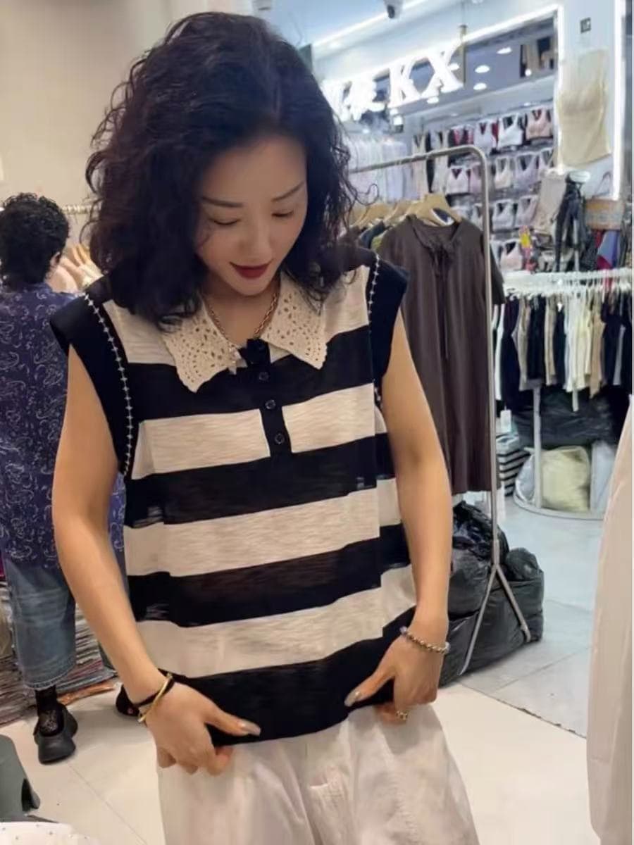 대나무 마디 마 새로운 레이스 레이스 칼라 반팔 니트 스웨터 티셔츠 맨위 여성 얼음 실크 캐주얼 품격 조끼 여성 의류 이미지 2