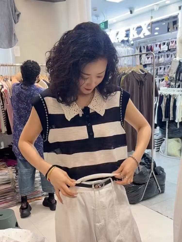 대나무 마디 마 새로운 레이스 레이스 칼라 반팔 니트 스웨터 티셔츠 맨위 여성 얼음 실크 캐주얼 품격 조끼 여성 의류 상세 이미지 4
