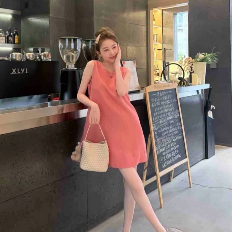 작은 뭐라구? 작은 라스베리 마음 여름 한 부서 민소매 주간 실크 아마 슬림해 보이는 조끼 스커트 루즈핏 이미지 2