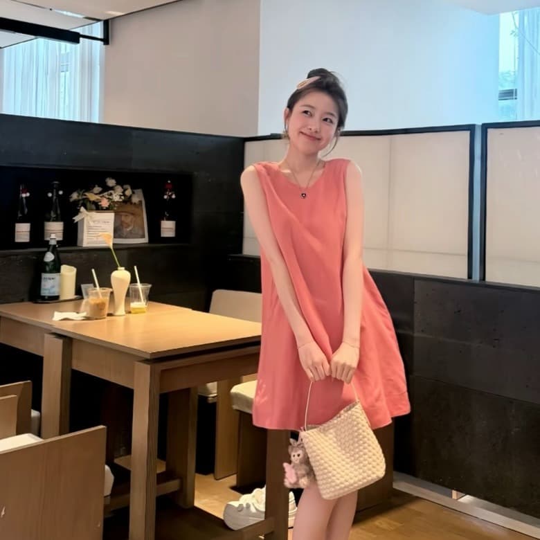 작은 뭐라구? 작은 라스베리 마음 여름 한 부서 민소매 주간 실크 아마 슬림해 보이는 조끼 스커트 루즈핏
