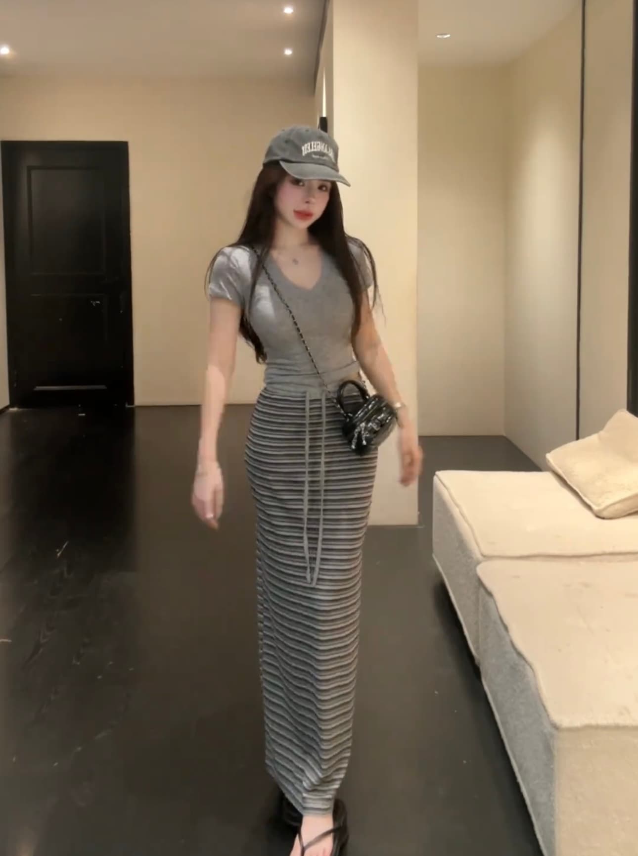 huihui 한 부서 순수한 욕망 바람 몸매 가꾸기 반팔 티셔츠 코디 하이웨이스트 스트라이프 반신 치마 세트 l0 이미지 2