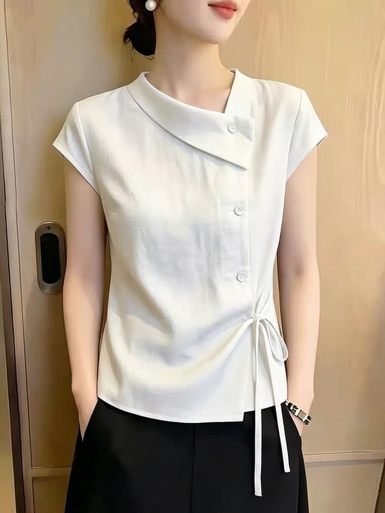 불규칙 레이스업 비스듬한 칼라 반팔 여성 셔츠 여름 새로운 디자인 센스 슬림해 보이는 다용도 셔츠 품격 맨위