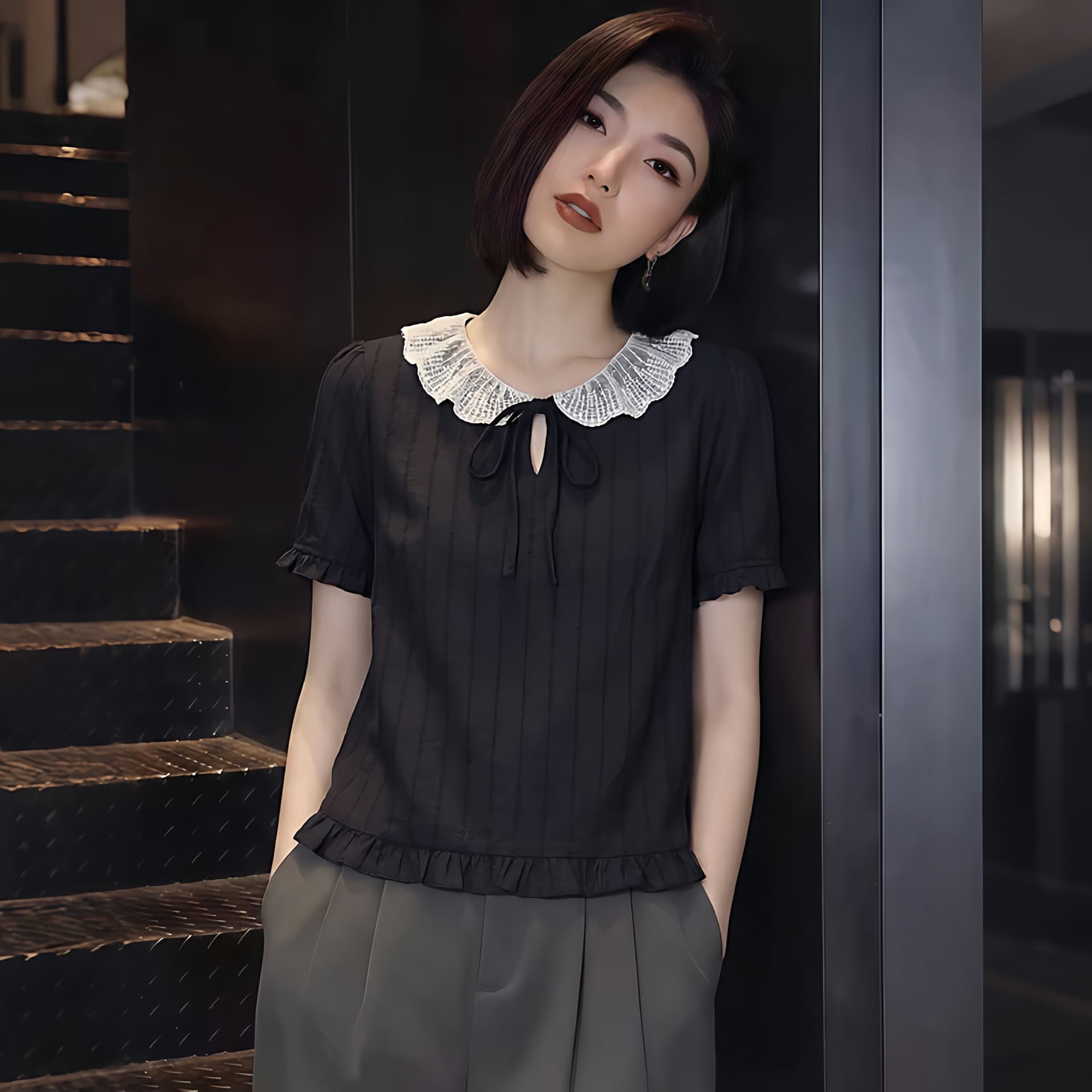 프랑스식 베이비 칼라 반팔 여성 셔츠 로드 중 여름 2026 검정색 프릴 레이스업 연령 감소 슬림해 보이는 작은 대중 맨위 상세 이미지 2