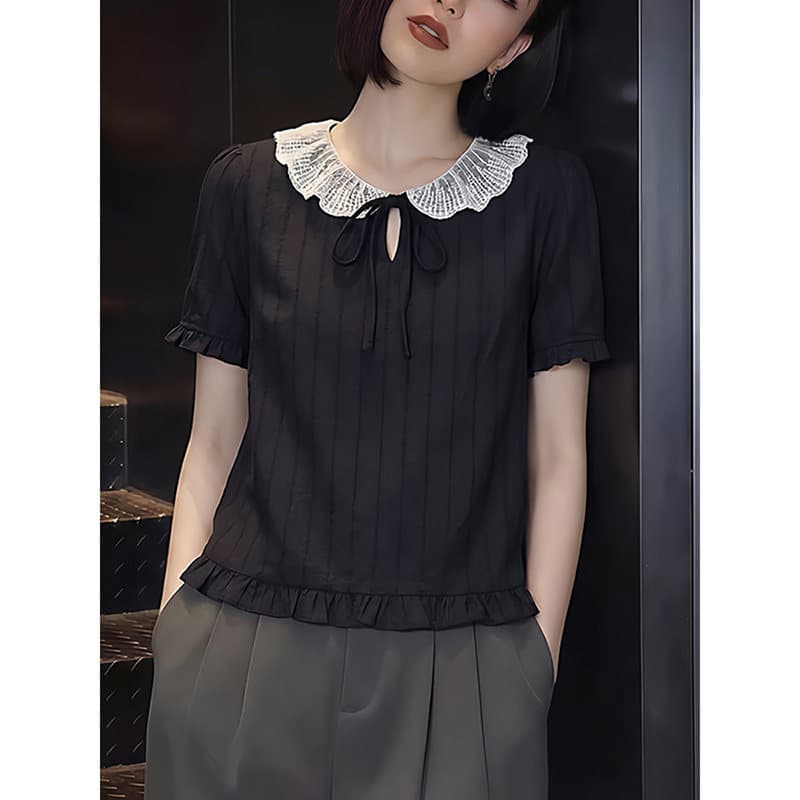 프랑스식 베이비 칼라 반팔 여성 셔츠 로드 중 여름 2026 검정색 프릴 레이스업 연령 감소 슬림해 보이는 작은 대중 맨위 상세 이미지 3