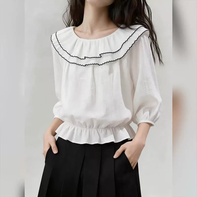 프랑스식 디자인 센스 화이트 프릴 칼라 여성 셔츠 2026 년 여름 새로운 7부 소매 루즈핏 슬림해 보이는 맨위 이미지 3