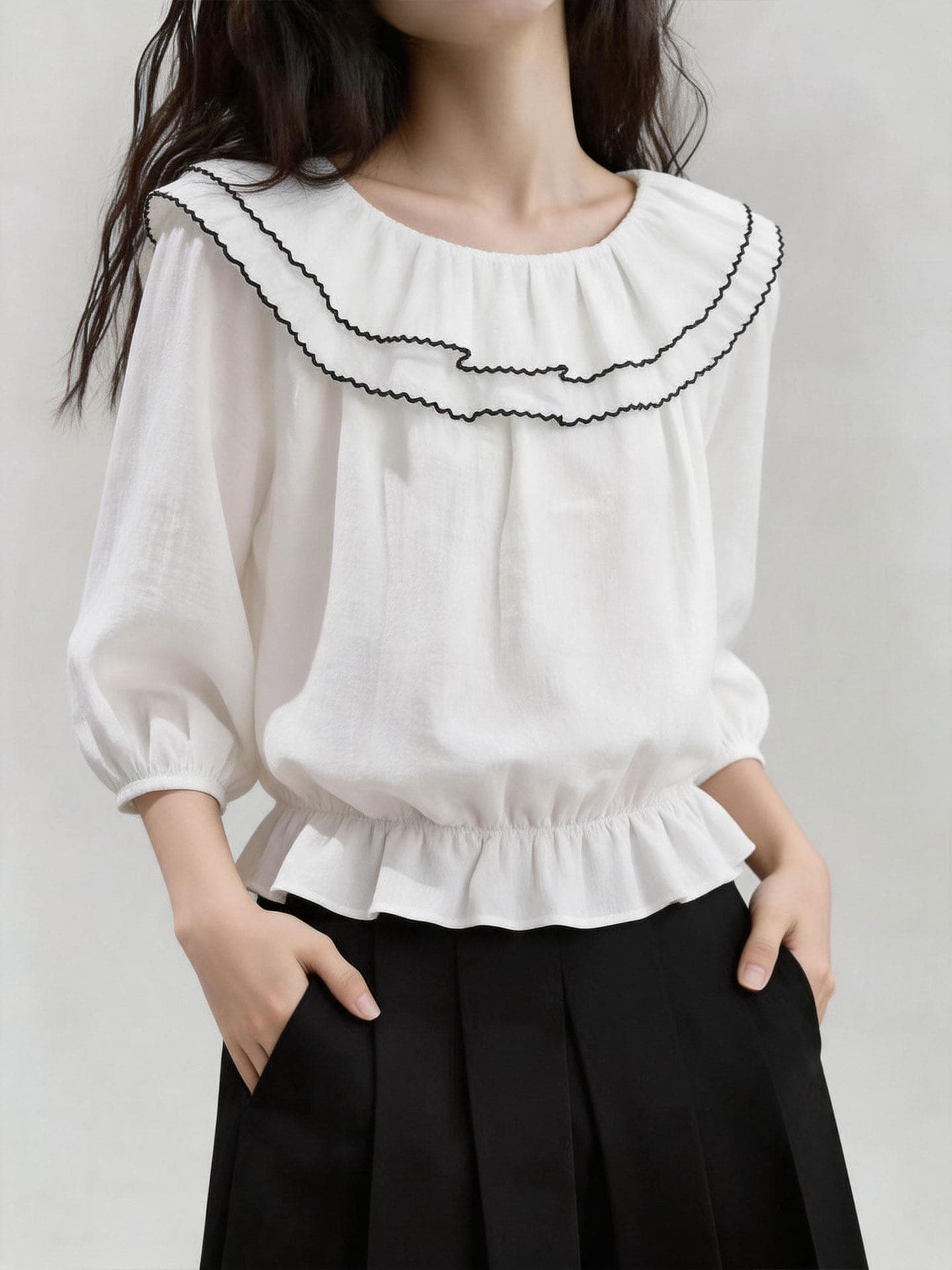 프랑스식 디자인 센스 화이트 프릴 칼라 여성 셔츠 2026 년 여름 새로운 7부 소매 루즈핏 슬림해 보이는 맨위 이미지 4