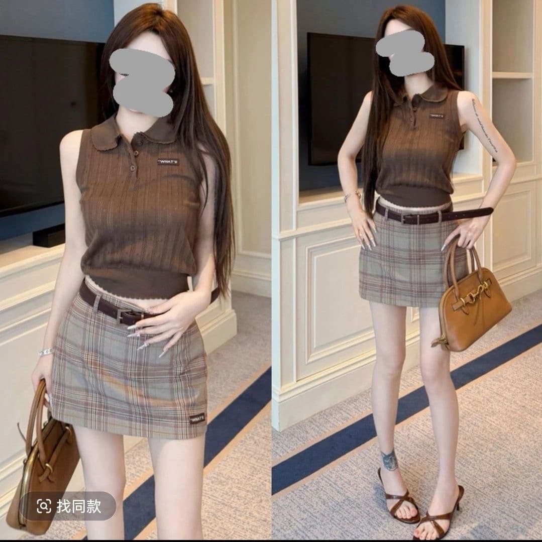 한 부서 패션 품격 다용도 학원 스타일 POLO 칼라 니트 맨위 여성 여름 연령 감소 슬림해 보이는 체크무늬 미니 스커트 세트 상세 이미지 5