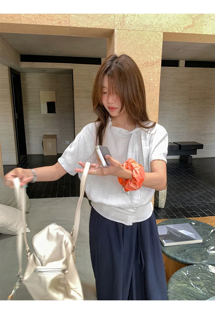 부드러운 인자 한 부서 가스 질감 리본 칼라 셔츠 여성 여름 작은 키 미니멀리즘 허리 수축 작은 셔츠 이미지 3