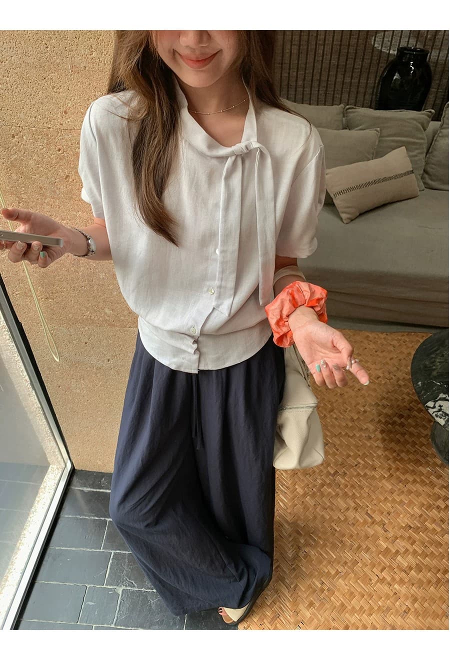 부드러운 인자 한 부서 가스 질감 리본 칼라 셔츠 여성 여름 작은 키 미니멀리즘 허리 수축 작은 셔츠 상세 이미지 12