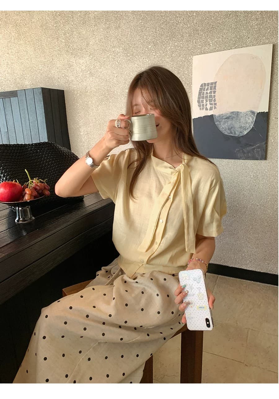 부드러운 인자 한 부서 가스 질감 리본 칼라 셔츠 여성 여름 작은 키 미니멀리즘 허리 수축 작은 셔츠 상세 이미지 13