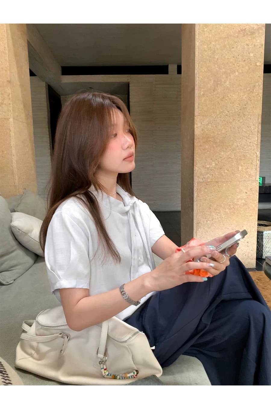부드러운 인자 한 부서 가스 질감 리본 칼라 셔츠 여성 여름 작은 키 미니멀리즘 허리 수축 작은 셔츠 상세 이미지 15