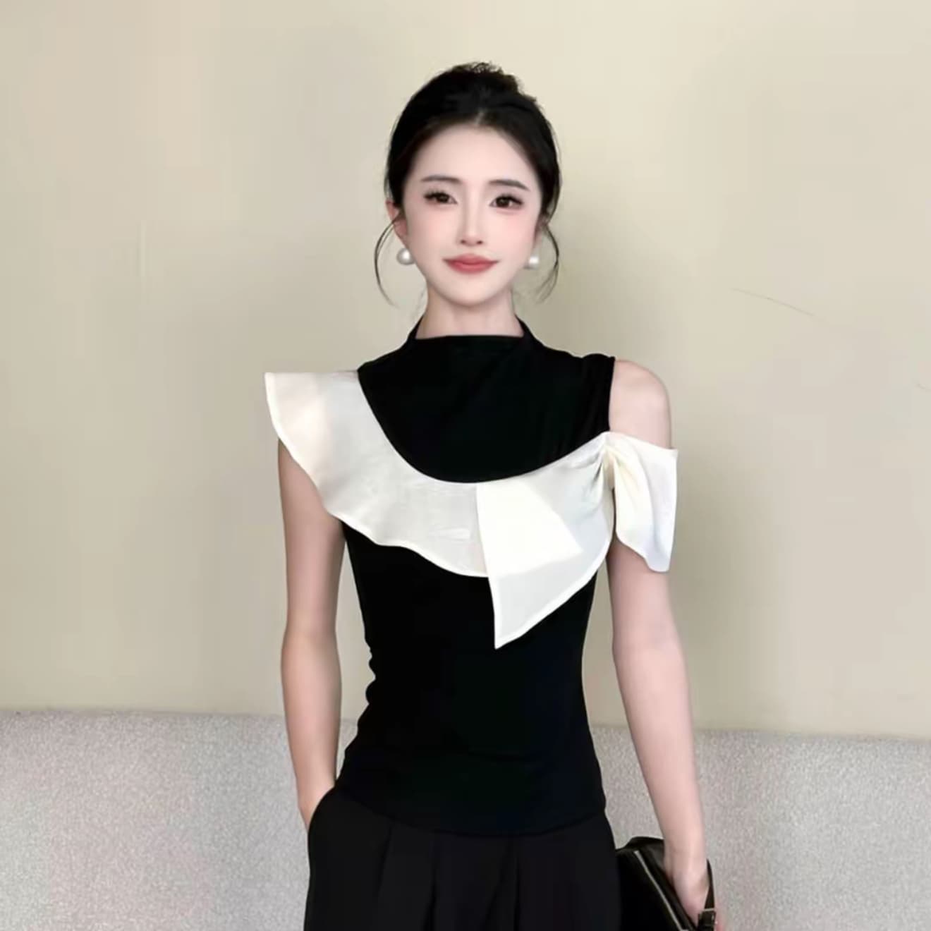 하프 어깨 달빛 라이 경기 서울 주간 실크 패치워크 색상 오프숄더 티셔츠 여성 새로운 기본 셔츠 맨위 바지 세트 상세 이미지 1