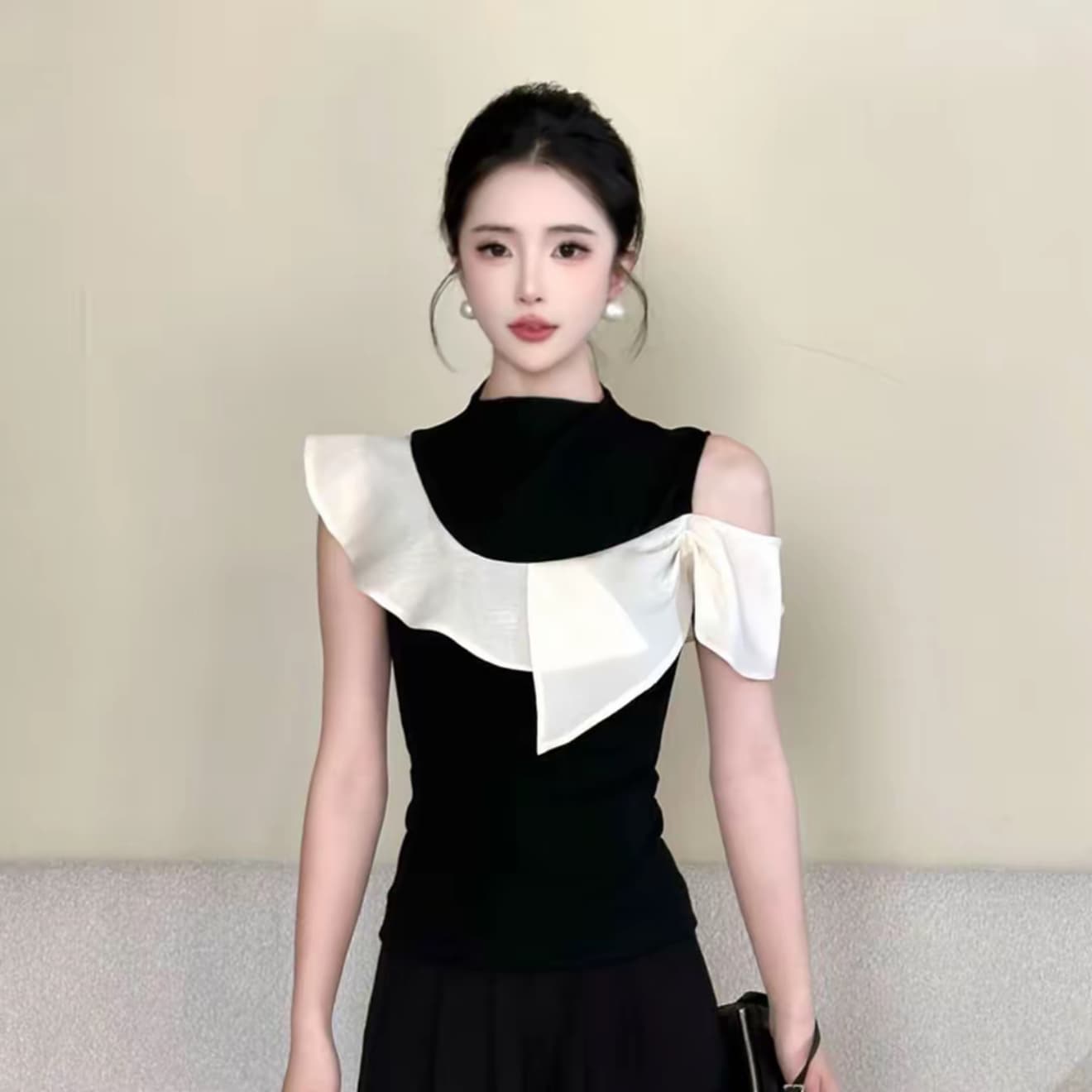 하프 어깨 달빛 라이 경기 서울 주간 실크 패치워크 색상 오프숄더 티셔츠 여성 새로운 기본 셔츠 맨위 바지 세트 상세 이미지 2