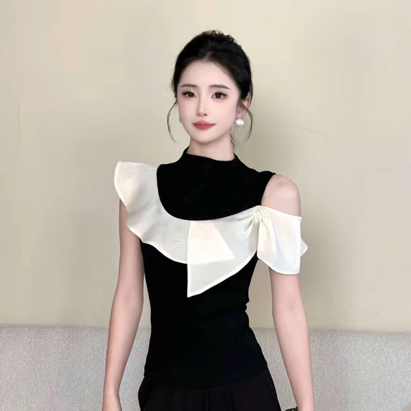 하프 어깨 달빛 라이 경기 서울 주간 실크 패치워크 색상 오프숄더 티셔츠 여성 새로운 기본 셔츠 맨위 바지 세트 상세 이미지 3