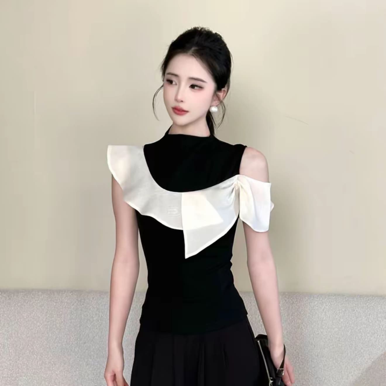 하프 어깨 달빛 라이 경기 서울 주간 실크 패치워크 색상 오프숄더 티셔츠 여성 새로운 기본 셔츠 맨위 바지 세트 상세 이미지 4