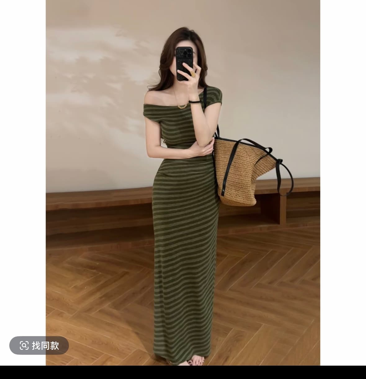 여름 새로운 프랑스식 레트로 허리 수축 슬림해 보이는 비스듬한 어깨 스트라이프 품격 드레스 상세 이미지 4